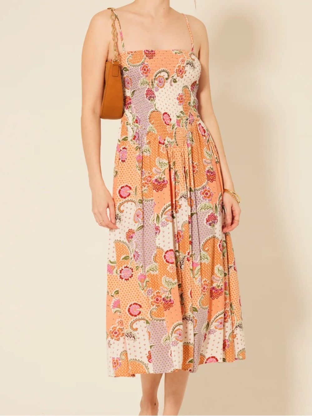 Patrons of Peace Peach Floral Smocked Midi Dress